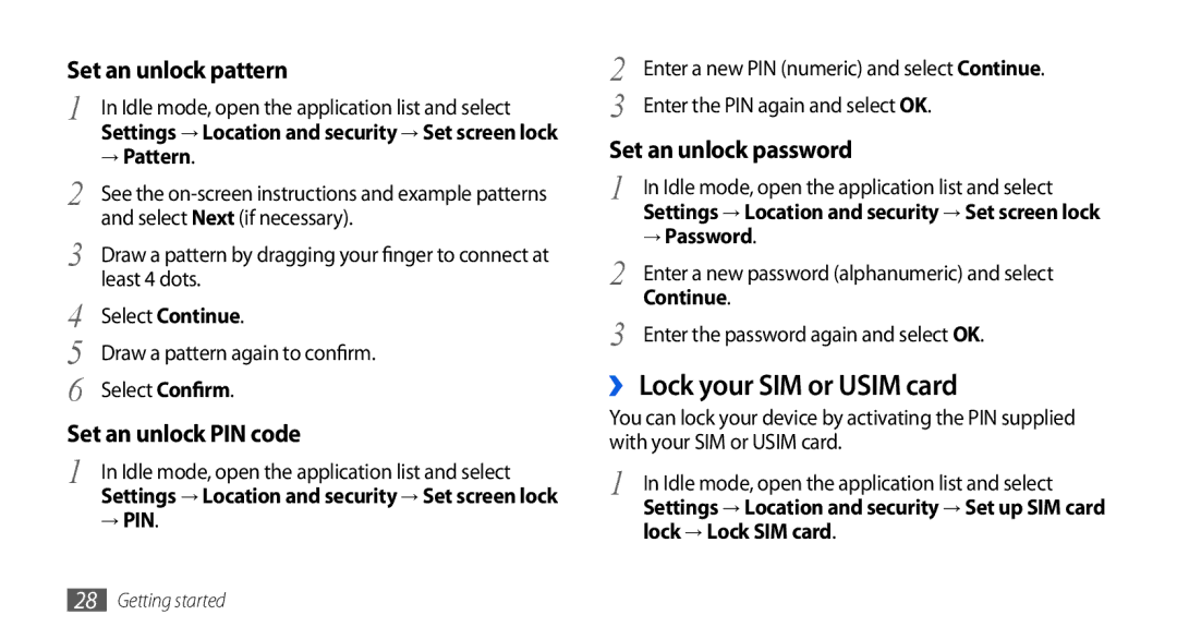 Samsung GT-I5800DKAOMN, GT-I5800DKADTM manual ›› Lock your SIM or Usim card, → Pattern, → Pin, → Password, Continue 