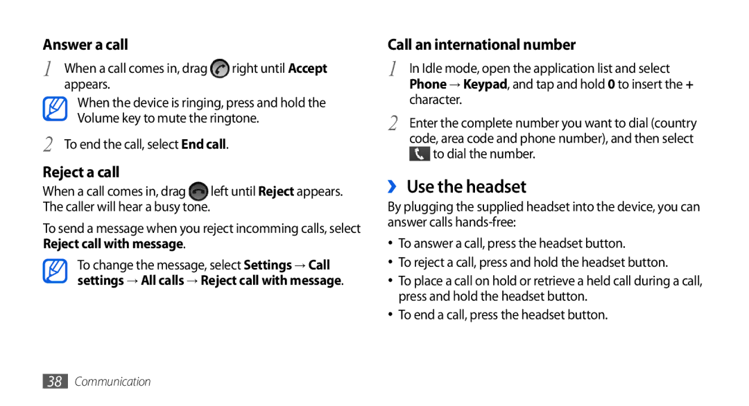 Samsung GT-I5800DKAIRD, GT-I5800DKADTM, GT-I5800DKADBT, GT-I5800DKAATO, GT-I5800DKAXEG manual ›› Use the headset, Character 