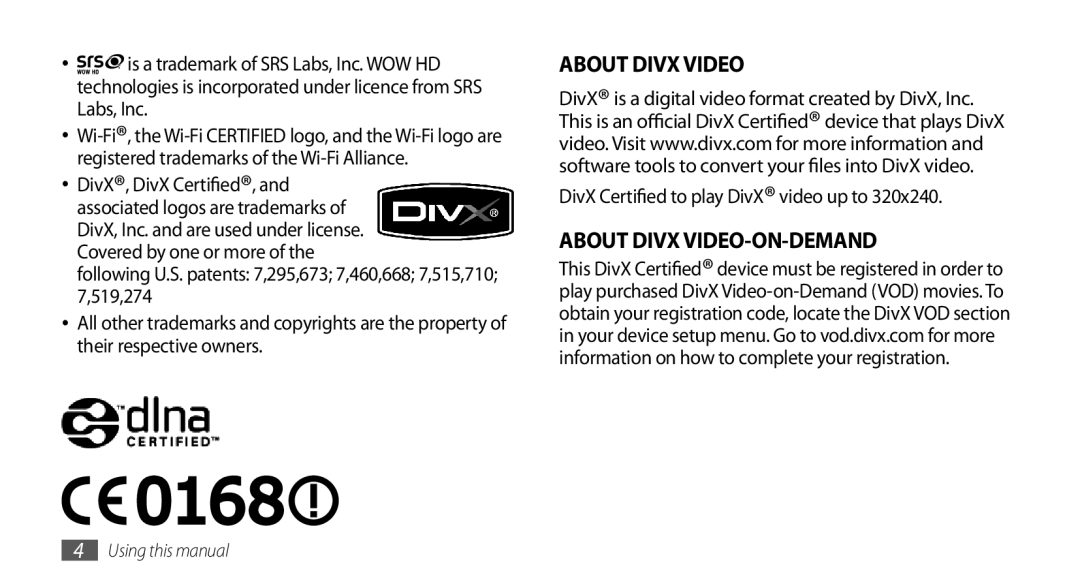 Samsung GT-I5800CWAOMN, GT-I5800DKADTM, GT-I5800DKADBT, GT-I5800DKAATO manual DivX Certified to play DivX video up to 