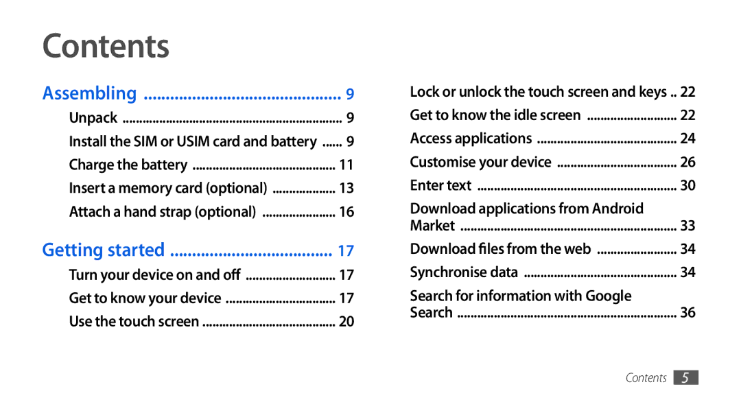 Samsung GT-I5800DKAOMN, GT-I5800DKADTM, GT-I5800DKADBT, GT-I5800DKAATO, GT-I5800DKAXEG, GT-I5800CWAOMN, GT-I5800CWAOPT Contents 