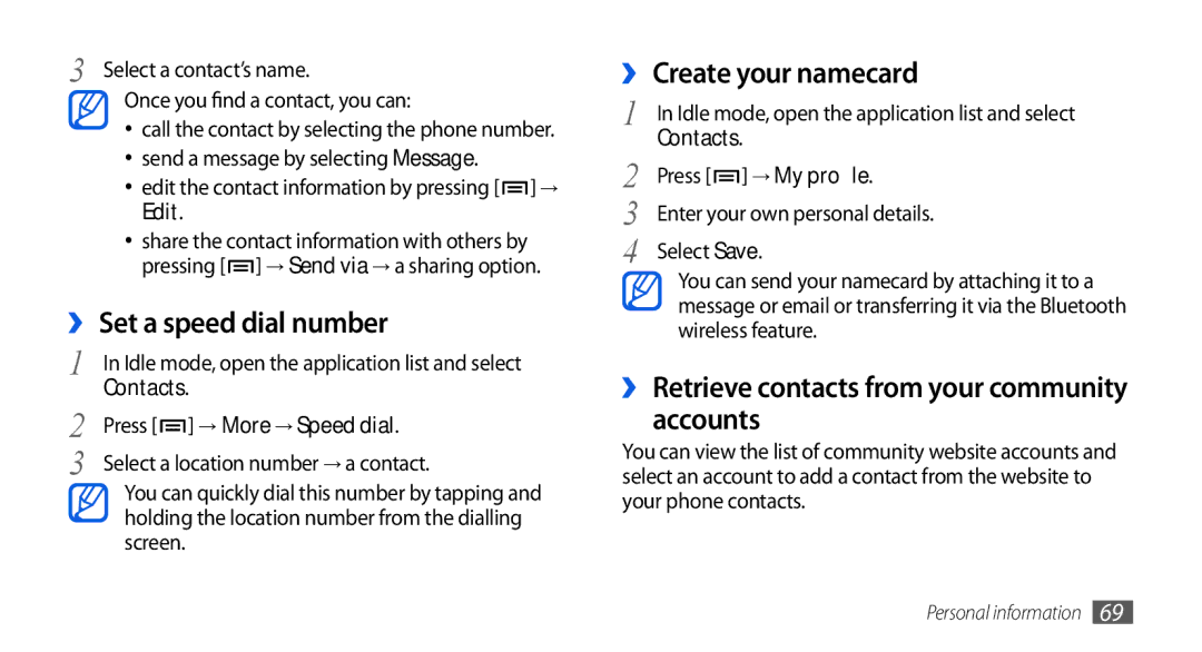 Samsung GT-I5800DKADTM manual ›› Set a speed dial number, ›› Create your namecard, Accounts, Press → More → Speed dial 