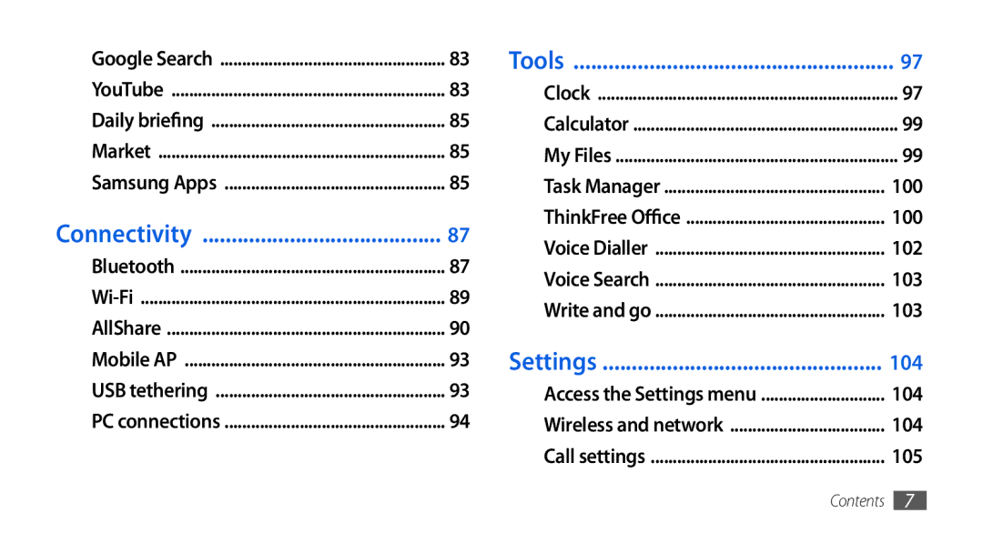 Samsung GT-I5800DKAFOP, GT-I5800DKADTM, GT-I5800DKADBT, GT-I5800DKAATO, GT-I5800DKAXEG manual Connectivity, Tools, Settings 