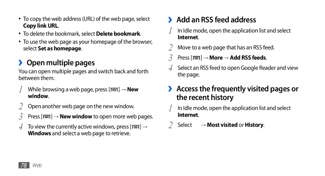 Samsung GT-I5800CWAPRO, GT-I5800DKADTM ›› Open multiple pages, ›› Add an RSS feed address, Press → More → Add RSS feeds 