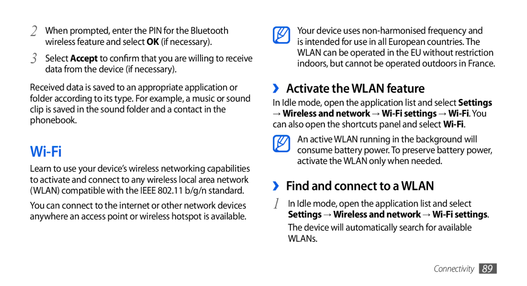 Samsung GT-I5800DKACYO, GT-I5800DKADTM, GT-I5800DKADBT Wi-Fi, ›› Activate the Wlan feature, ›› Find and connect to a Wlan 