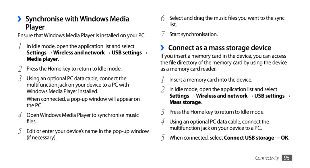 Samsung GT-I5800DKAXEG, GT-I5800DKADTM manual ›› Synchronise with Windows Media Player, ›› Connect as a mass storage device 