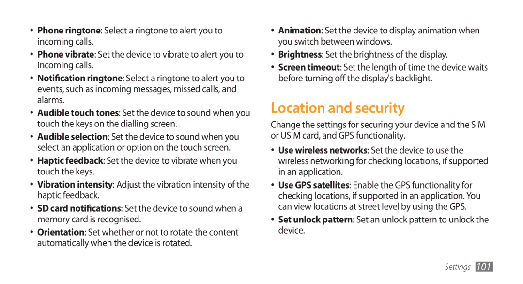 Samsung GT-I5800CWAPRO, GT-I5800DKADTM, GT-I5800DKADBT Location and security, Brightness Set the brightness of the display 