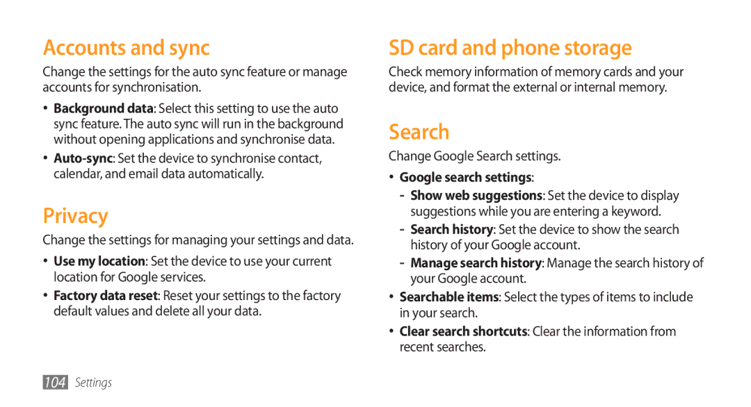 Samsung GT-I5800DKACOA manual Accounts and sync, Privacy, SD card and phone storage, Search, Google search settings 