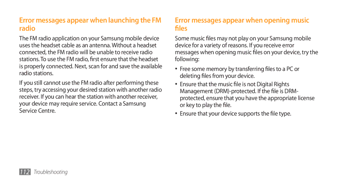 Samsung GT-I5800DKACYO Error messages appear when launching the FM radio, Error messages appear when opening music files 