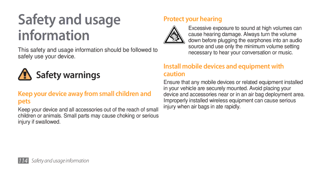 Samsung GT-I5800CWASER, GT-I5800DKADTM manual Keep your device away from small children and pets, Protect your hearing 