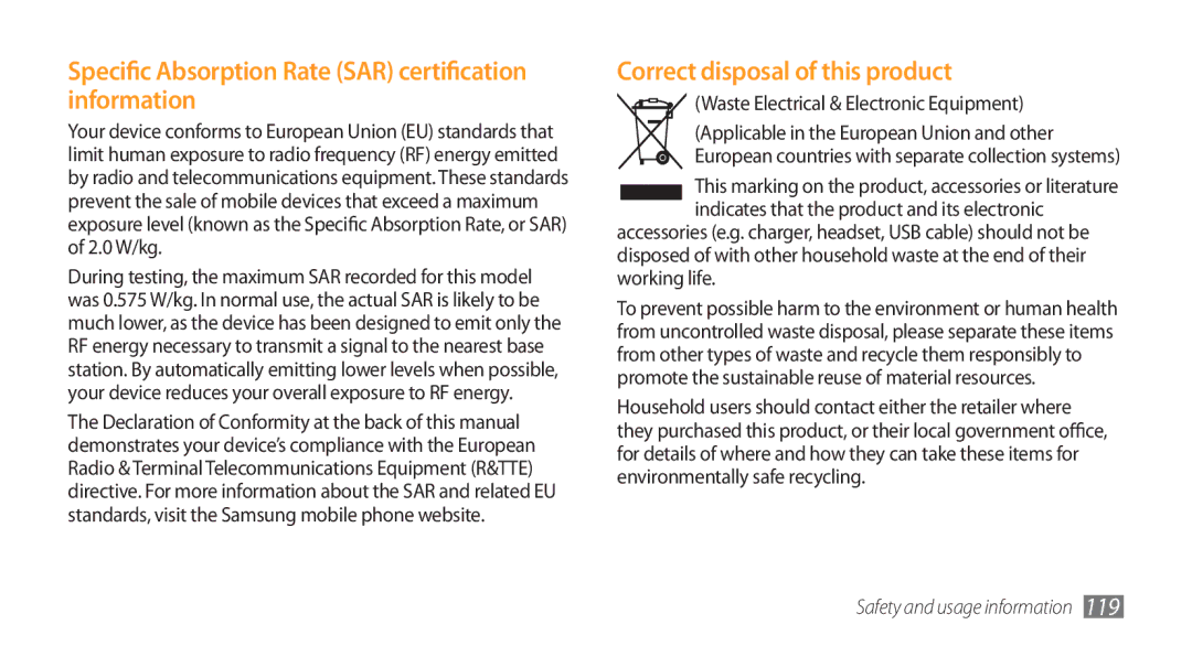 Samsung GT-I5800CWAOMN manual Specific Absorption Rate SAR certification information, Correct disposal of this product 