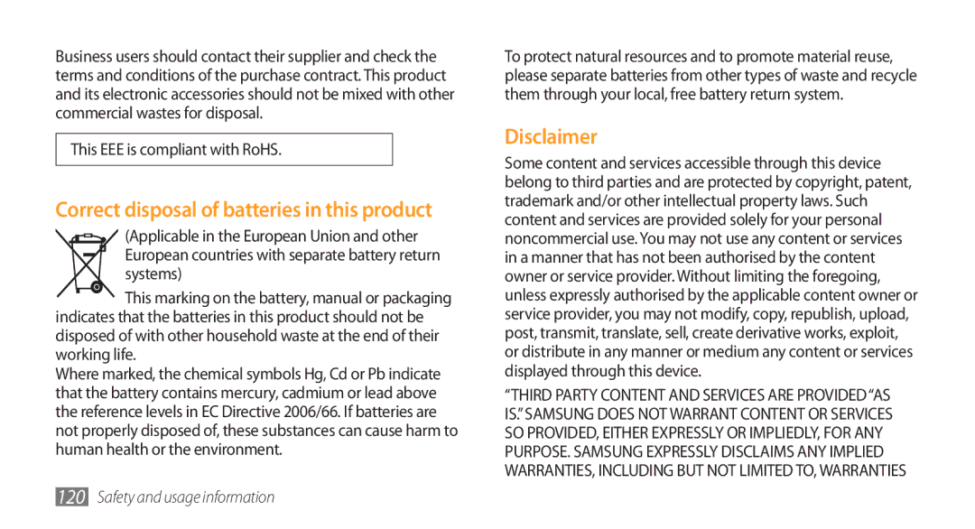 Samsung GT-I5800DKAOMN, GT-I5800DKADTM, GT-I5800DKADBT, GT-I5800DKAATO manual Disclaimer, This EEE is compliant with RoHS 