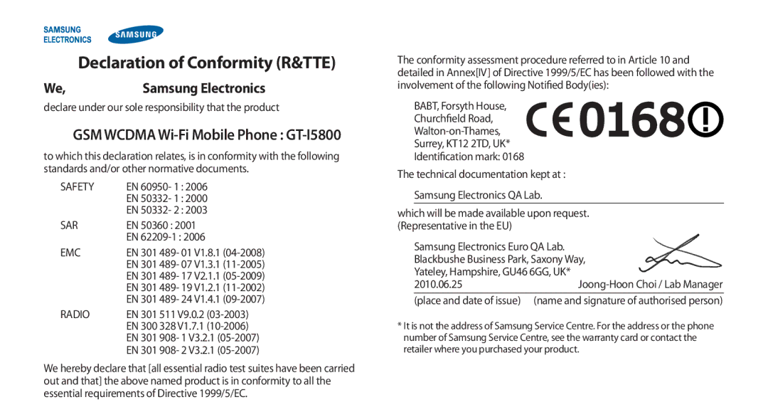 Samsung GT-I5800DKACOA, GT-I5800DKADTM manual Declaration of Conformity R&TTE, GSM Wcdma Wi-Fi Mobile Phone GT-I5800 