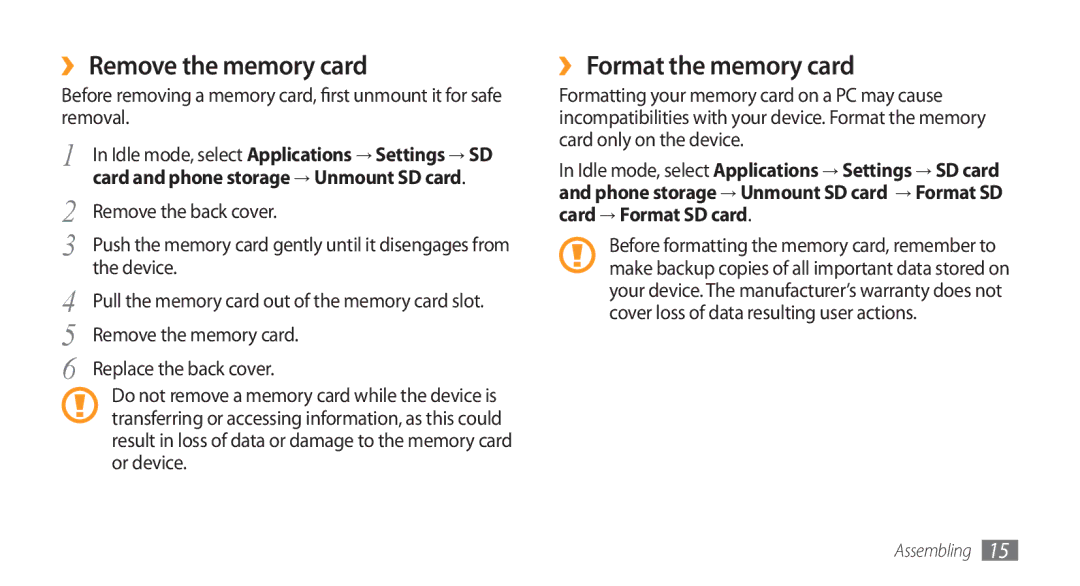 Samsung GT-I5800DKAIRD, GT-I5800DKADTM, GT-I5800DKADBT, GT-I5800DKAATO ›› Remove the memory card, ›› Format the memory card 