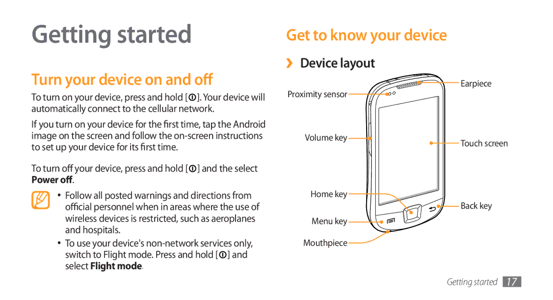 Samsung GT-I5800DKACOS manual Getting started, Turn your device on and off, Get to know your device, ›› Device layout 