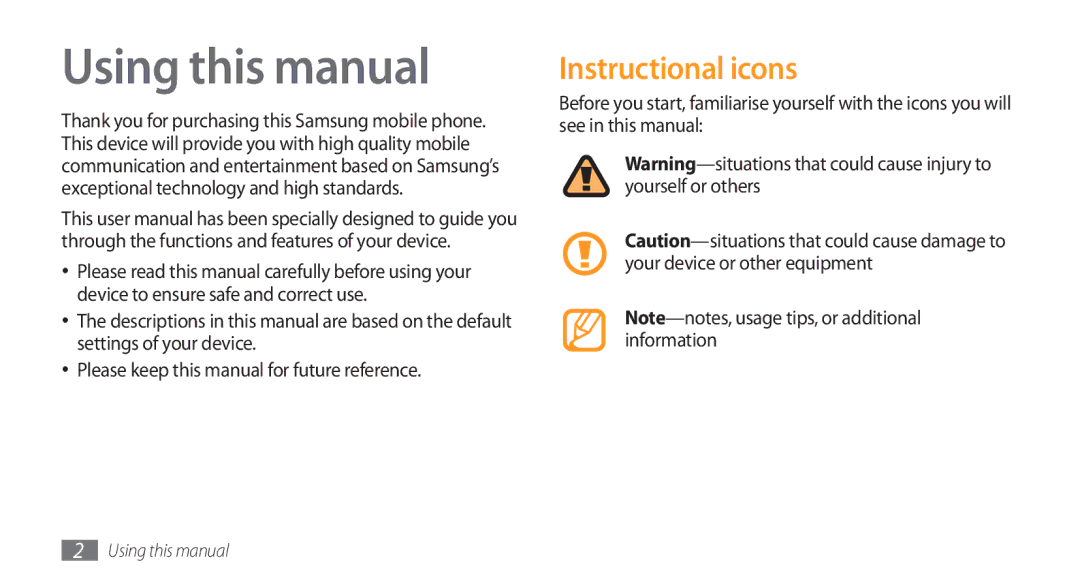 Samsung GT-I5800DKAATO, GT-I5800DKADTM, GT-I5800DKADBT, GT-I5800DKAXEG, GT-I5800CWAOMN Using this manual, Instructional icons 