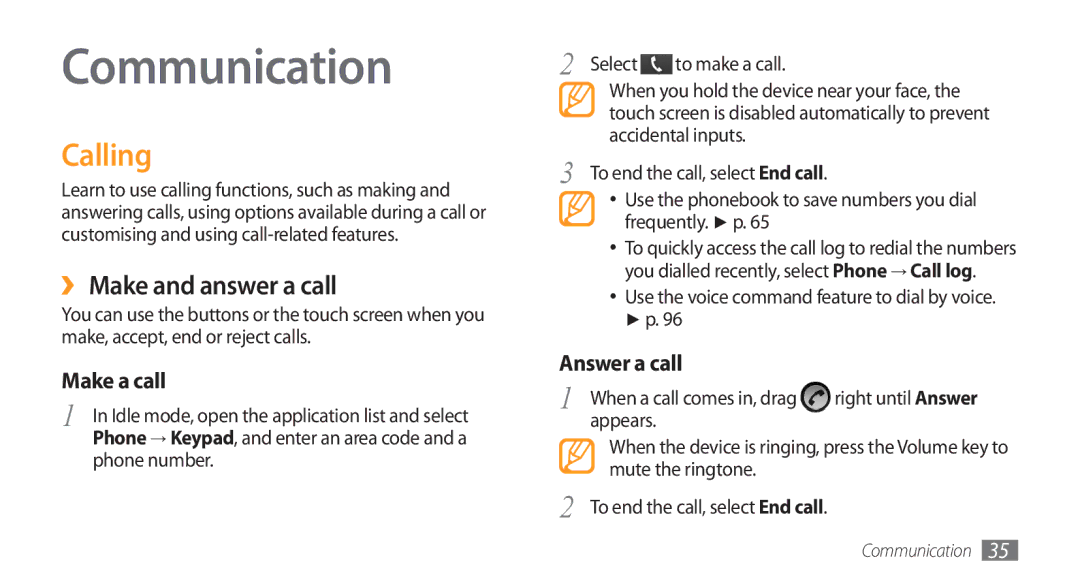 Samsung GT-I5800DKACOA, GT-I5800DKADTM manual Communication, Calling, ›› Make and answer a call, Phone number Select 