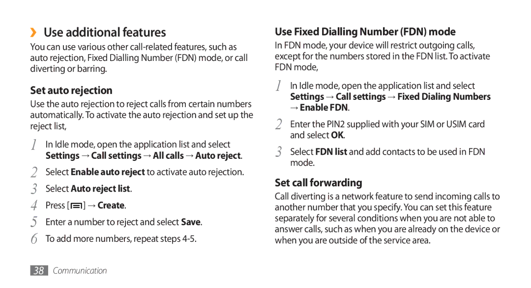 Samsung GT-I5800DKAIRD, GT-I5800DKADTM, GT-I5800DKADBT ›› Use additional features, Select Auto reject list, → Enable FDN 