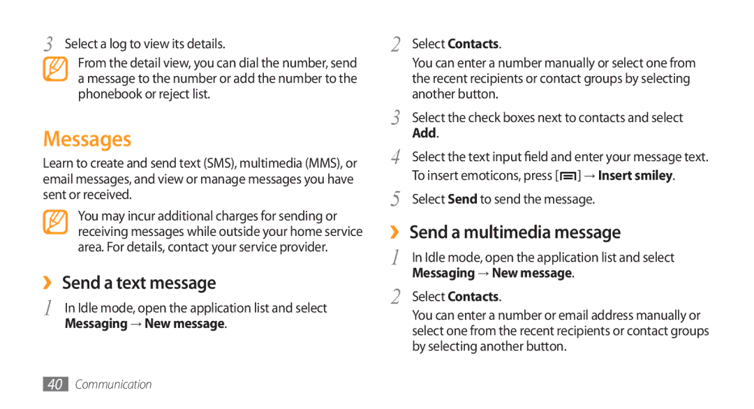 Samsung GT-I5800DKACOS, GT-I5800DKADTM, GT-I5800DKADBT manual Messages, ›› Send a text message, ›› Send a multimedia message 