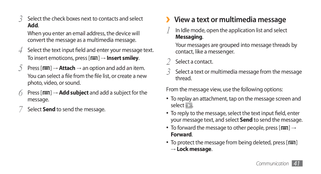 Samsung GT-I5800DKAVGR, GT-I5800DKADTM, GT-I5800DKADBT manual ›› View a text or multimedia message, Messaging, → Lock message 
