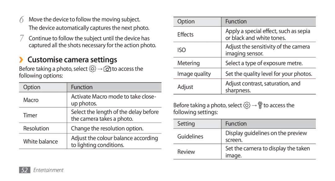 Samsung GT-I5800CWAOPT, GT-I5800DKADTM, GT-I5800DKADBT, GT-I5800DKAATO, GT-I5800DKAXEG manual ›› Customise camera settings 