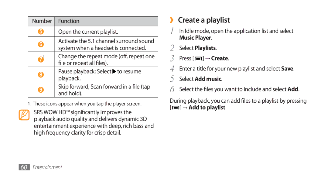 Samsung GT-I5800DKAXEZ ›› Create a playlist, Number Function Open the current playlist, Select Playlists, Select Add music 