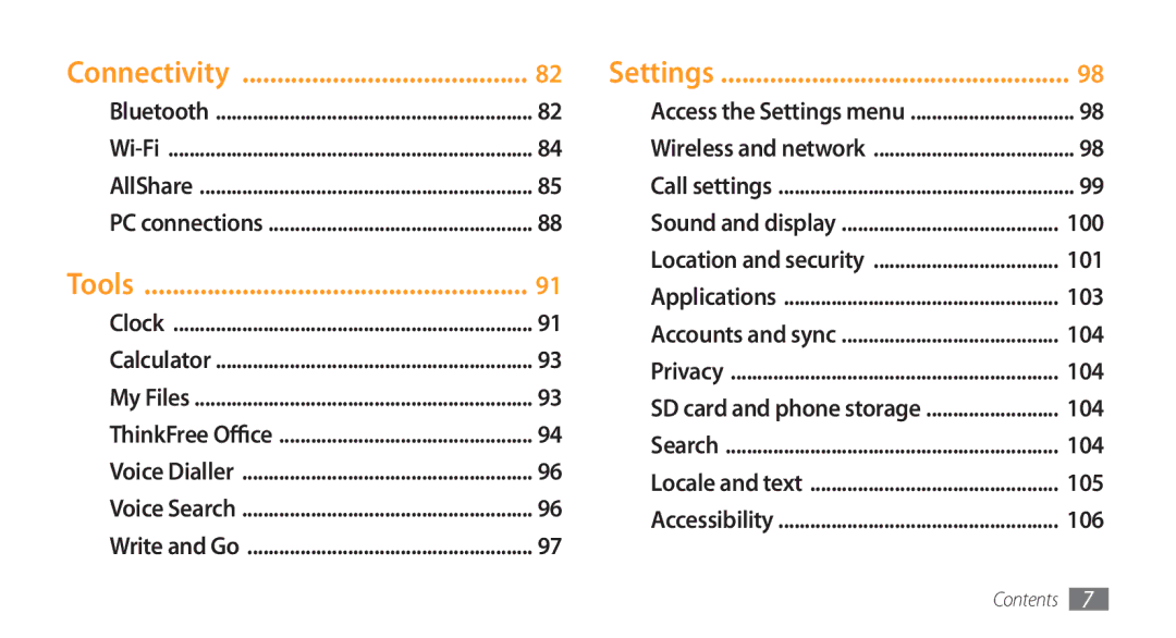 Samsung GT-I5800DKAFOP, GT-I5800DKADTM, GT-I5800DKADBT, GT-I5800DKAATO, GT-I5800DKAXEG manual Connectivity, Tools, Settings 