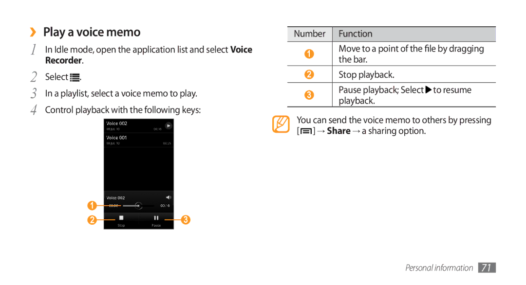 Samsung GT-I5800DKAATO, GT-I5800DKADTM, GT-I5800DKADBT manual ›› Play a voice memo, A playlist, select a voice memo to play 