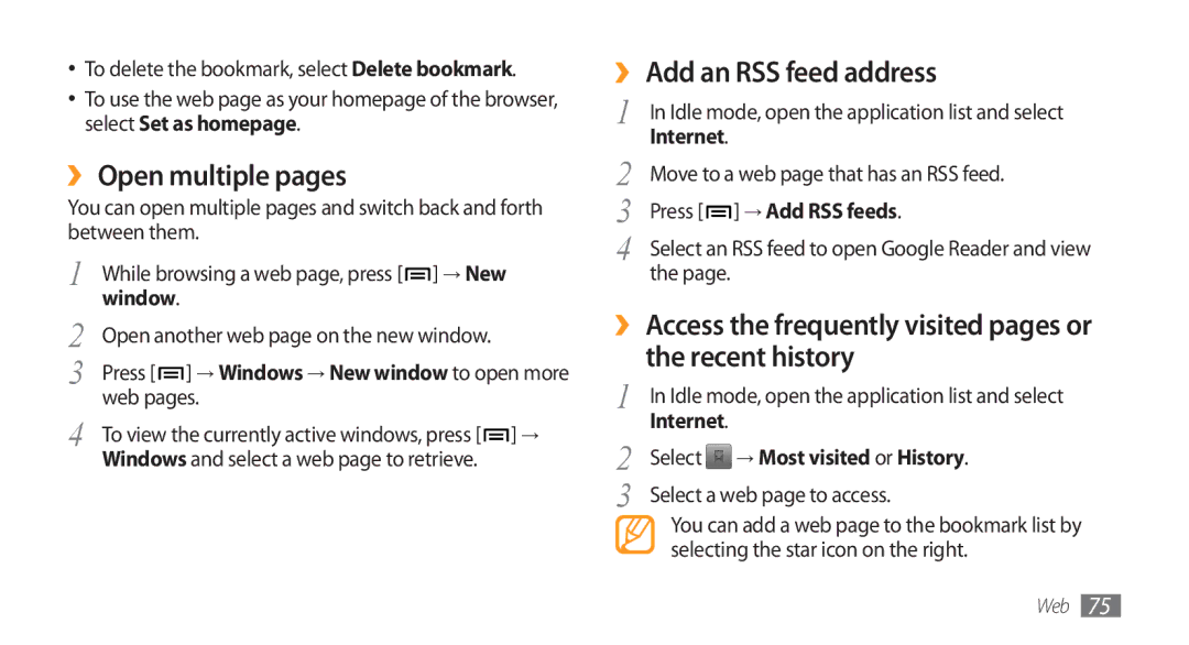 Samsung GT-I5800CWAOPT, GT-I5800DKADTM ›› Open multiple pages, ›› Add an RSS feed address, Window, Press → Add RSS feeds 