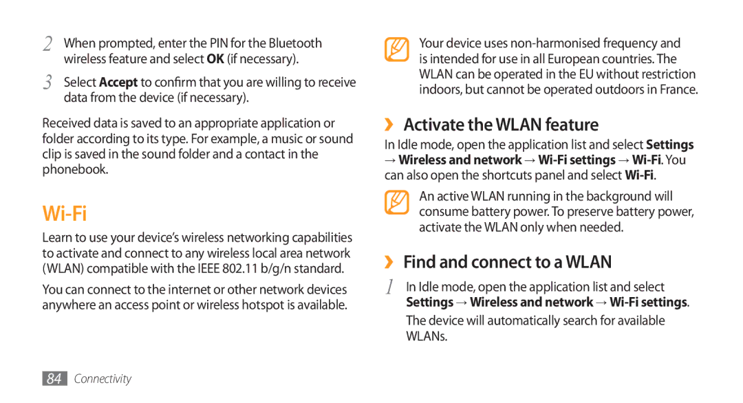 Samsung GT-I5800DKAIRD, GT-I5800DKADTM, GT-I5800DKADBT Wi-Fi, ›› Activate the Wlan feature, ›› Find and connect to a Wlan 