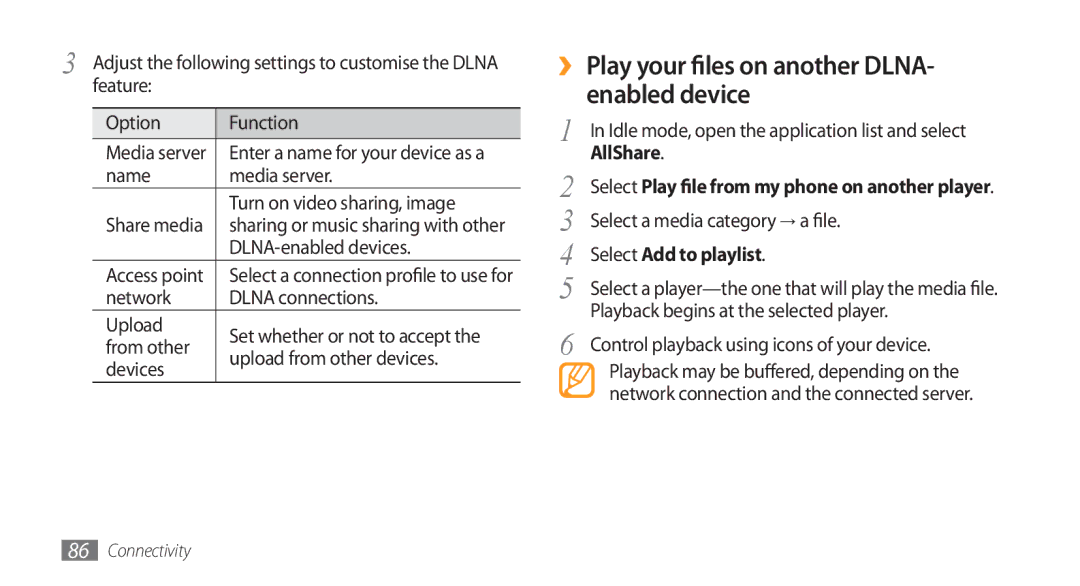 Samsung GT-I5800DKACOS, GT-I5800DKADTM manual ›› Play your files on another DLNA- enabled device, Select Add to playlist 