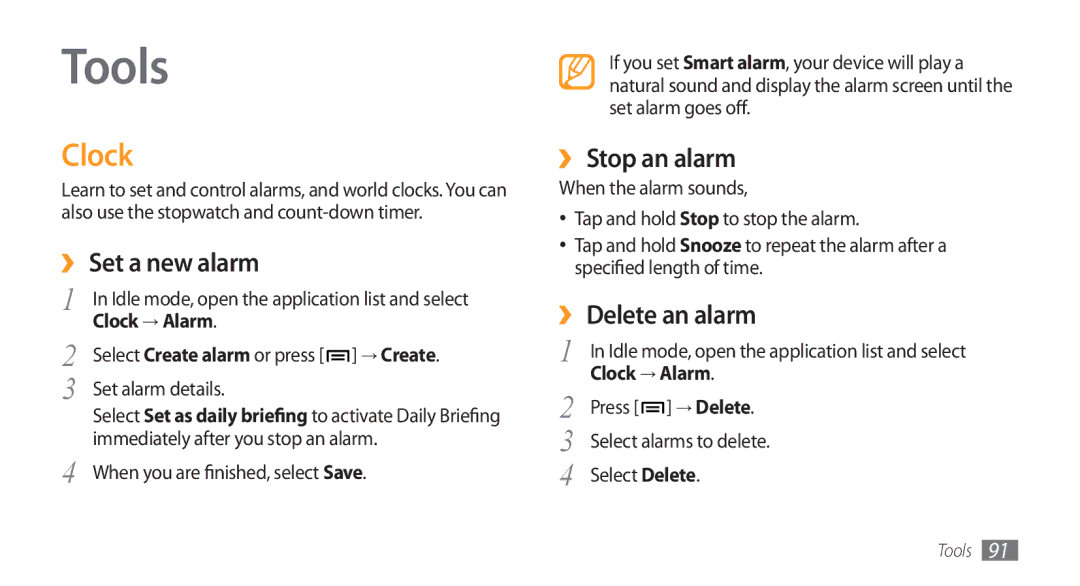 Samsung GT-I5800CWASER, GT-I5800DKADTM manual Tools, Clock, ›› Set a new alarm, ›› Stop an alarm, ›› Delete an alarm 
