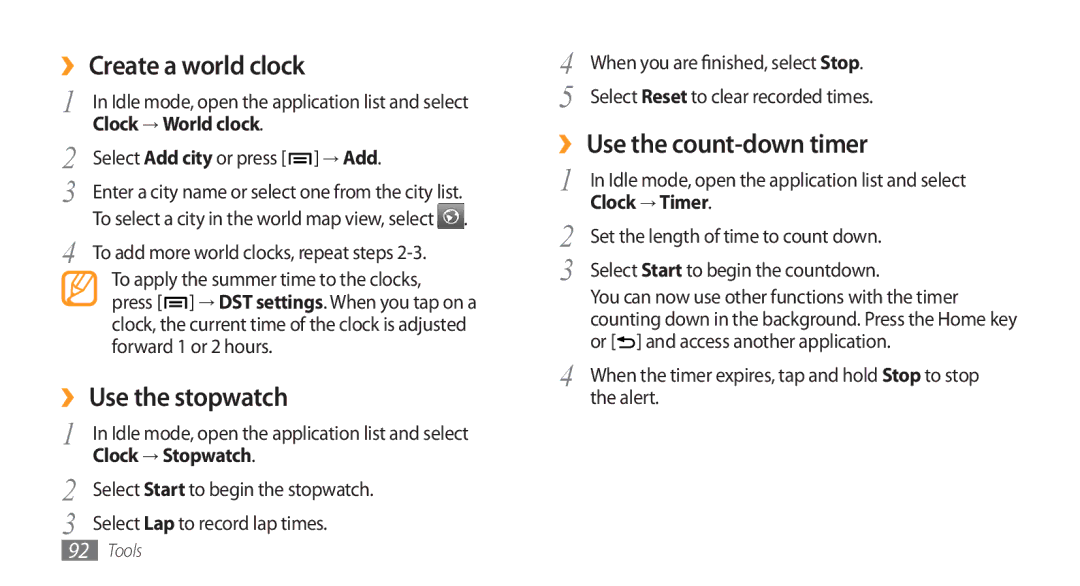 Samsung GT-I5800DKADTM, GT-I5800DKADBT manual ›› Create a world clock, ›› Use the stopwatch, ›› Use the count-down timer 