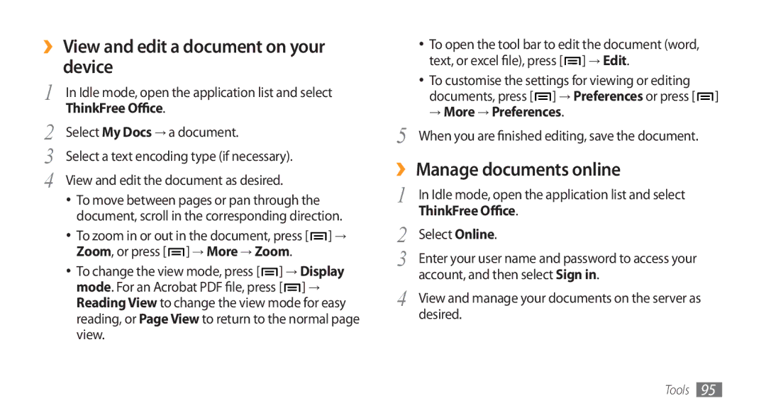 Samsung GT-I5800DKAXEG manual ›› View and edit a document on your device, ›› Manage documents online, → More → Preferences 