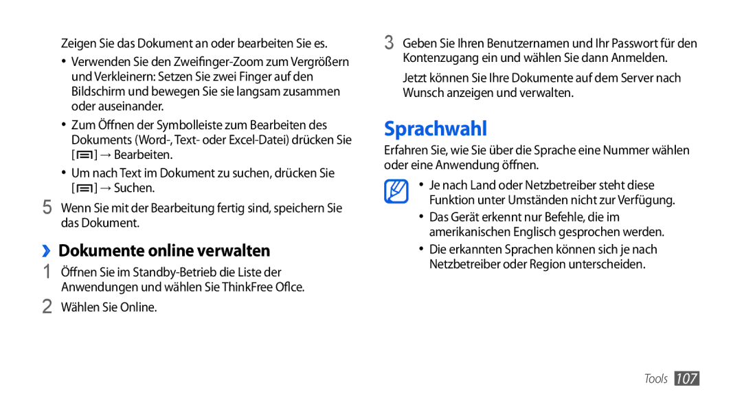 Samsung GT-I5800DKAXEG, GT-I5800DKADTM, GT-I5800DKADBT manual Sprachwahl, ››Dokumente online verwalten, Wählen Sie Online 