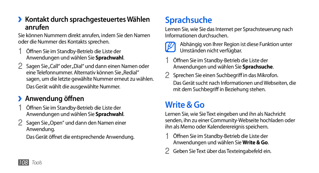 Samsung GT-I5800DKADTM manual Sprachsuche, Write & Go, ››Kontakt durch sprachgesteuertes Wählen anrufen, ››Anwendung öffnen 