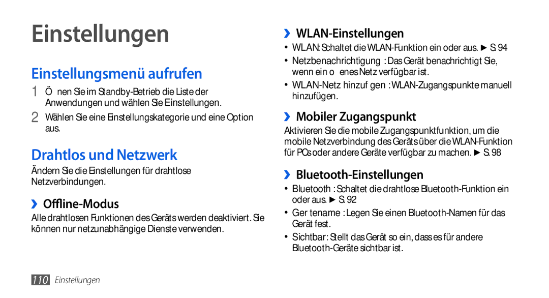 Samsung GT-I5800DKAATO, GT-I5800DKADTM, GT-I5800DKADBT manual Einstellungen, Einstellungsmenü aufrufen, Drahtlos und Netzwerk 