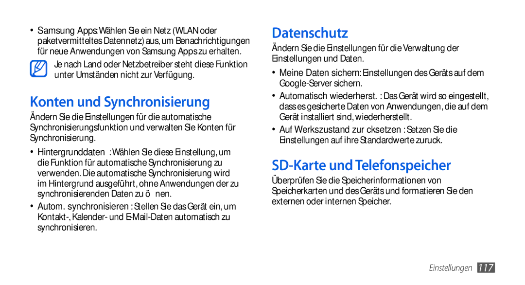 Samsung GT-I5800DKADBT, GT-I5800DKADTM manual Konten und Synchronisierung, Datenschutz, SD-Karte und Telefonspeicher 