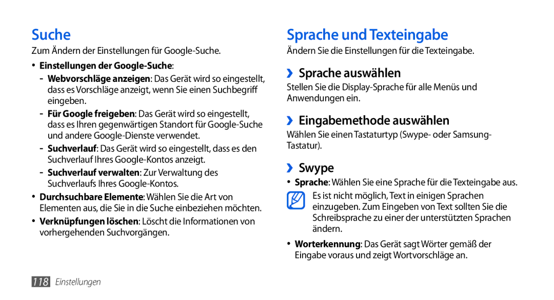 Samsung GT-I5800DKAATO, GT-I5800DKADTM Sprache und Texteingabe, ››Sprache auswählen, ››Eingabemethode auswählen, ››Swype 