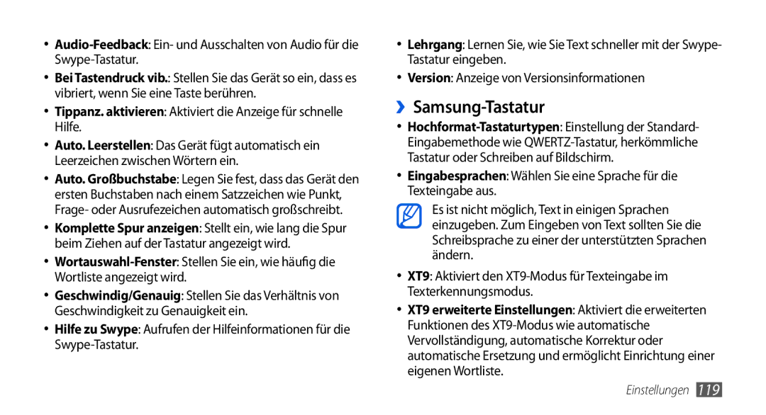 Samsung GT-I5800DKAXEG, GT-I5800DKADTM ››Samsung-Tastatur, Tippanz. aktivieren Aktiviert die Anzeige für schnelle Hilfe 