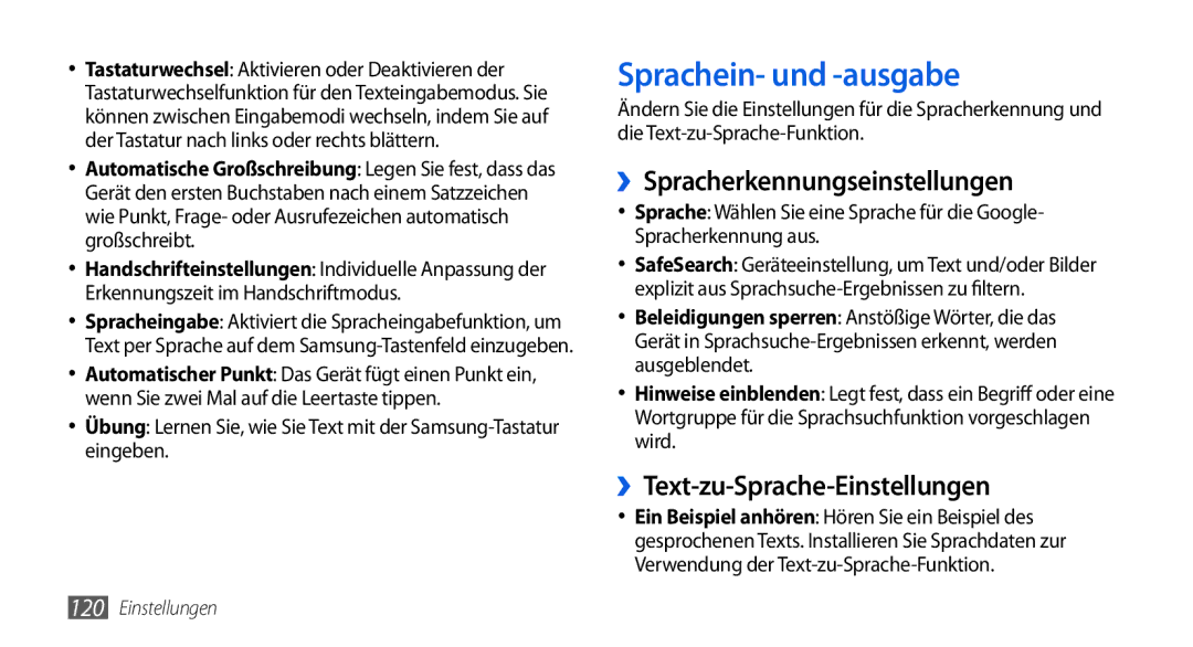 Samsung GT-I5800DKADTM manual Sprachein- und -ausgabe, ››Spracherkennungseinstellungen, ››Text-zu-Sprache-Einstellungen 