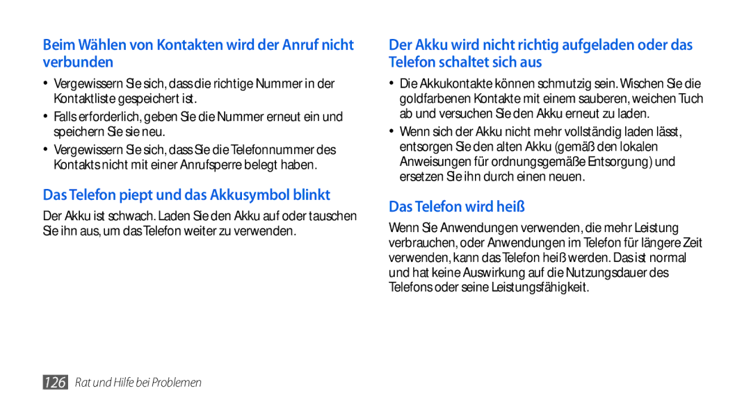 Samsung GT-I5800DKAATO, GT-I5800DKADTM, GT-I5800DKADBT manual Beim Wählen von Kontakten wird der Anruf nicht verbunden 
