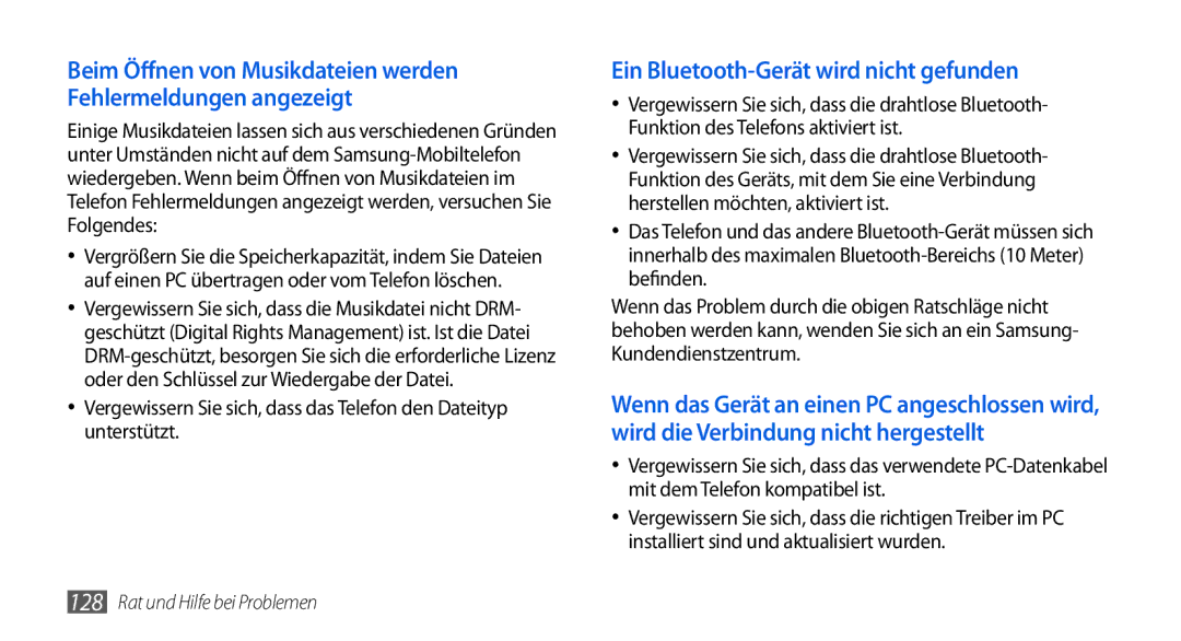 Samsung GT-I5800DKADTM, GT-I5800DKADBT, GT-I5800DKAATO, GT-I5800DKAXEG manual Ein Bluetooth-Gerät wird nicht gefunden 