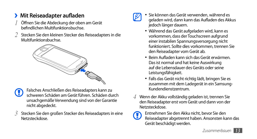 Samsung GT-I5800DKADBT, GT-I5800DKADTM, GT-I5800DKAATO, GT-I5800DKAXEG manual ››Mit Reiseadapter aufladen 