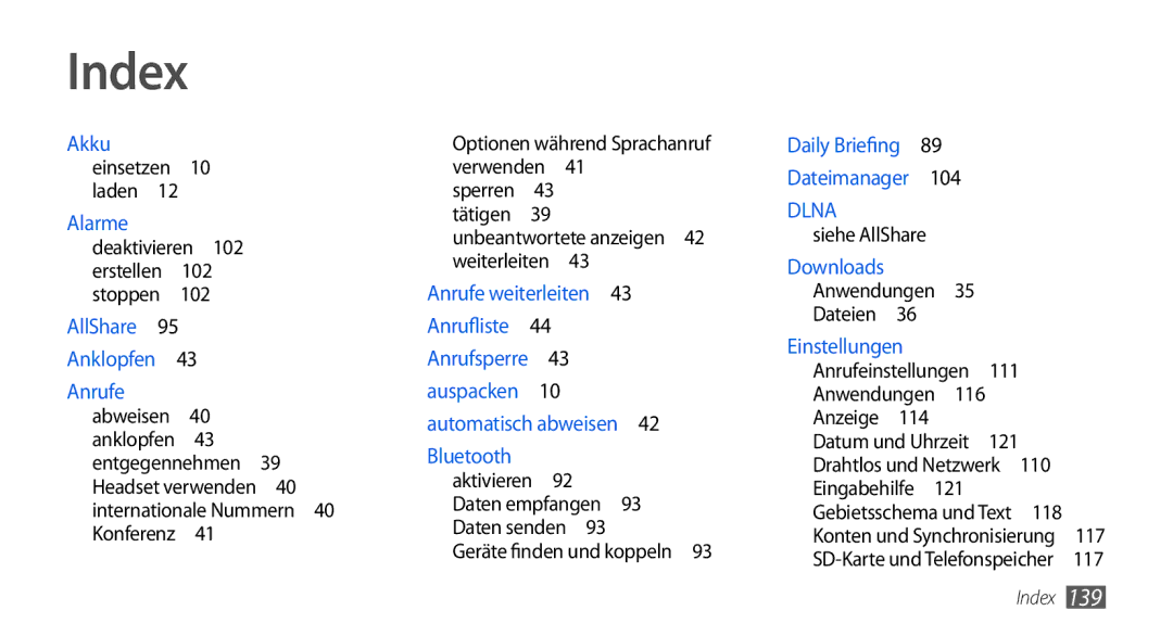 Samsung GT-I5800DKAXEG, GT-I5800DKADTM, GT-I5800DKADBT, GT-I5800DKAATO manual Index 