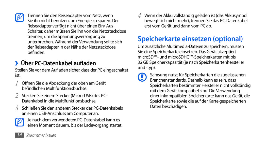 Samsung GT-I5800DKAATO, GT-I5800DKADTM, GT-I5800DKADBT manual Speicherkarte einsetzen optional, ››Über PC-Datenkabel aufladen 