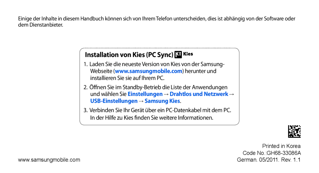 Samsung GT-I5800DKADTM, GT-I5800DKADBT, GT-I5800DKAATO, GT-I5800DKAXEG manual Installation von Kies PC Sync 