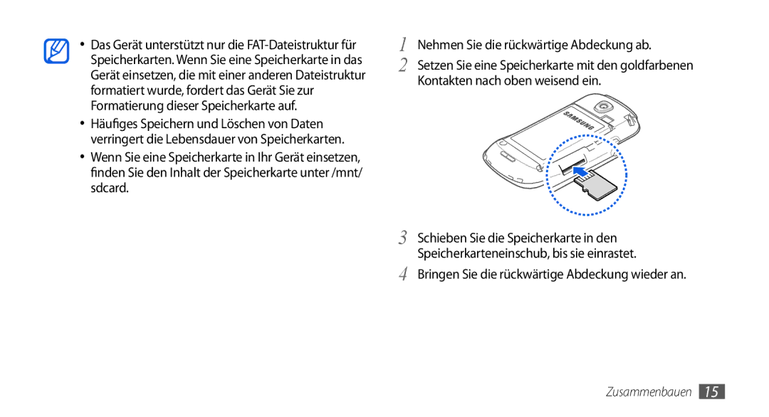 Samsung GT-I5800DKAXEG, GT-I5800DKADTM, GT-I5800DKADBT, GT-I5800DKAATO manual Bringen Sie die rückwärtige Abdeckung wieder an 