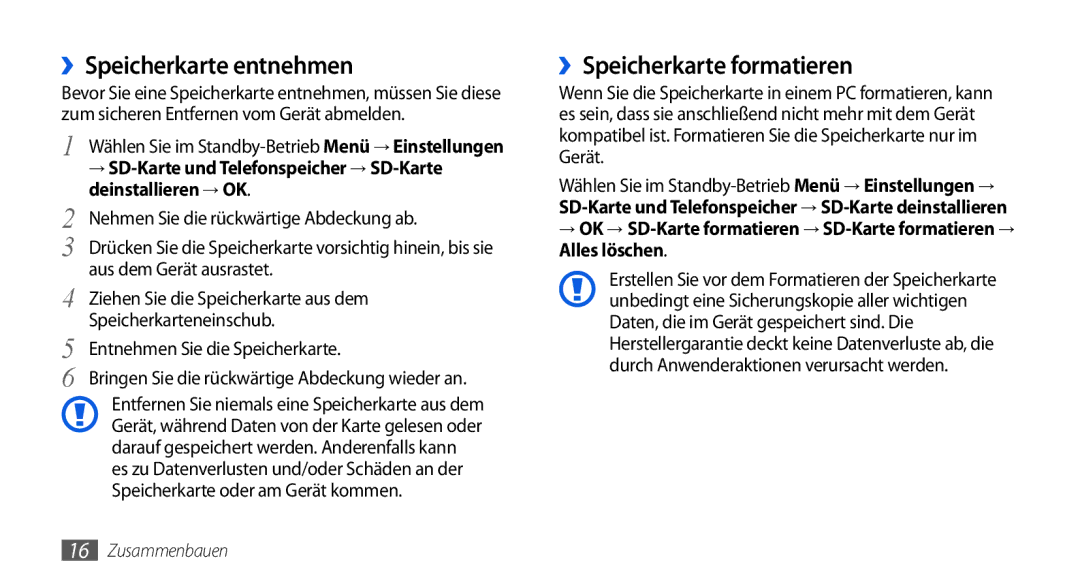 Samsung GT-I5800DKADTM, GT-I5800DKADBT manual ››Speicherkarte entnehmen, ››Speicherkarte formatieren, Deinstallieren → OK 