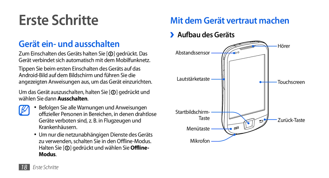 Samsung GT-I5800DKAATO Erste Schritte, Gerät ein- und ausschalten, Mit dem Gerät vertraut machen, ››Aufbau des Geräts 