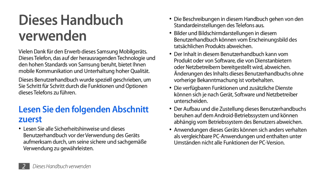 Samsung GT-I5800DKAATO, GT-I5800DKADTM, GT-I5800DKADBT Dieses Handbuch verwenden, Lesen Sie den folgenden Abschnitt zuerst 